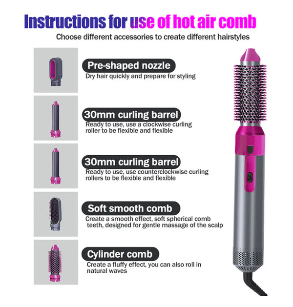 5-in-1 Hot Air Brush Styler – Multi-Attachment Hair Dryer & Curler